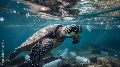 Plastic pollution in the ocean  turtle among plastics. Created using Generative AI technology.
