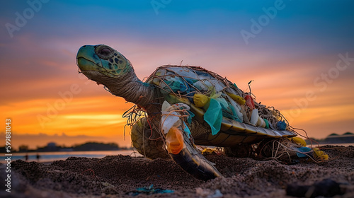 Plastic pollution in the ocean, turtle among plastics. Created using Generative AI technology. photo