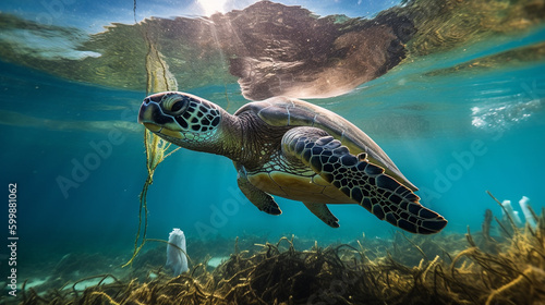 Plastic pollution in the ocean, turtle among plastics. Created using Generative AI technology.