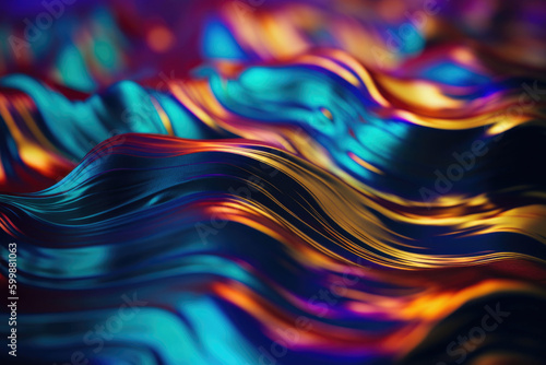 Foil waves sound energy metal shiny purple green blue orange background blur. Generative AI