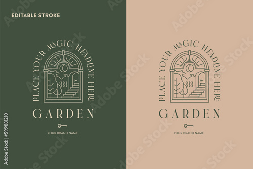 Boho eco house logo, sun moon line art vector. Sunshine vector logo design, editable stroke