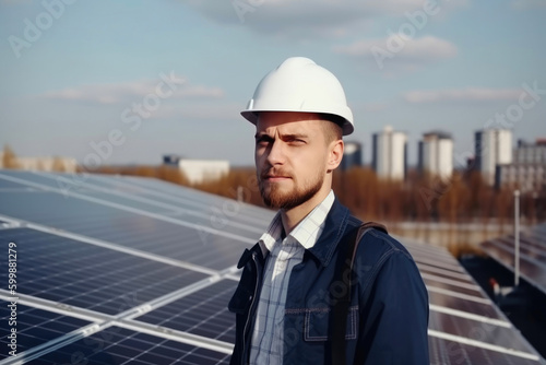Solar company worker in white helmet standing in front of solar panels. Generative AI