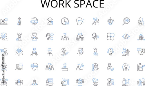 Work space line icons collection. Synergy, Cohesion, Partnership, Cooperation, Coordination, Unity, Alliance vector and linear illustration. Trust,Communication,Creativity outline signs set