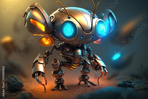 full body cuty ant robot scene epic little glowing eyes neo. Glorious Generative AI. photo