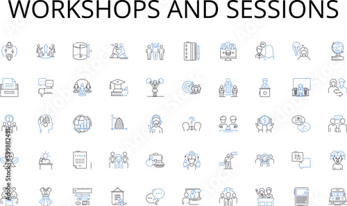 workshops and sessions line icons collection. Entrepreneurship, Innovation, Strategy, Marketing, Sales, Investment, Management vector and linear illustration. Partnership,E-commerce,Startups outline