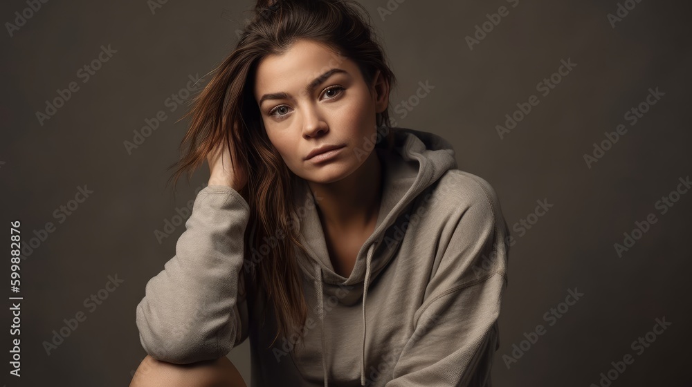 Casual Woman in Neutral Athleisure Posing Against Minimalist Backdrop. Generative AI.
