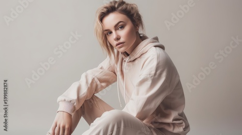 Casual Woman in Neutral Athleisure Posing Against Minimalist Backdrop. Generative AI.