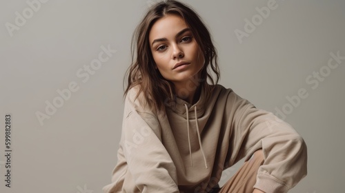Casual Woman in Neutral Athleisure Posing Against Minimalist Backdrop. Generative AI. photo
