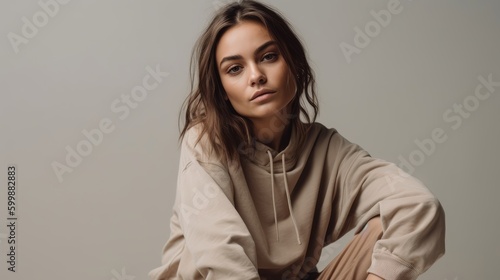 Casual Woman in Neutral Athleisure Posing Against Minimalist Backdrop. Generative AI.