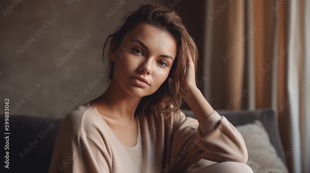 Casual Woman in Neutral Loungewear Posing Against Cozy Home Interior. Generative AI. Casual Woman in Neutral Loungewear Posing Against Cozy Home Interior. Generative AI.