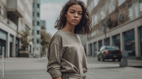 Casual Woman in Neutral Streetwear Posing Against Urban Landscape. Generative AI.