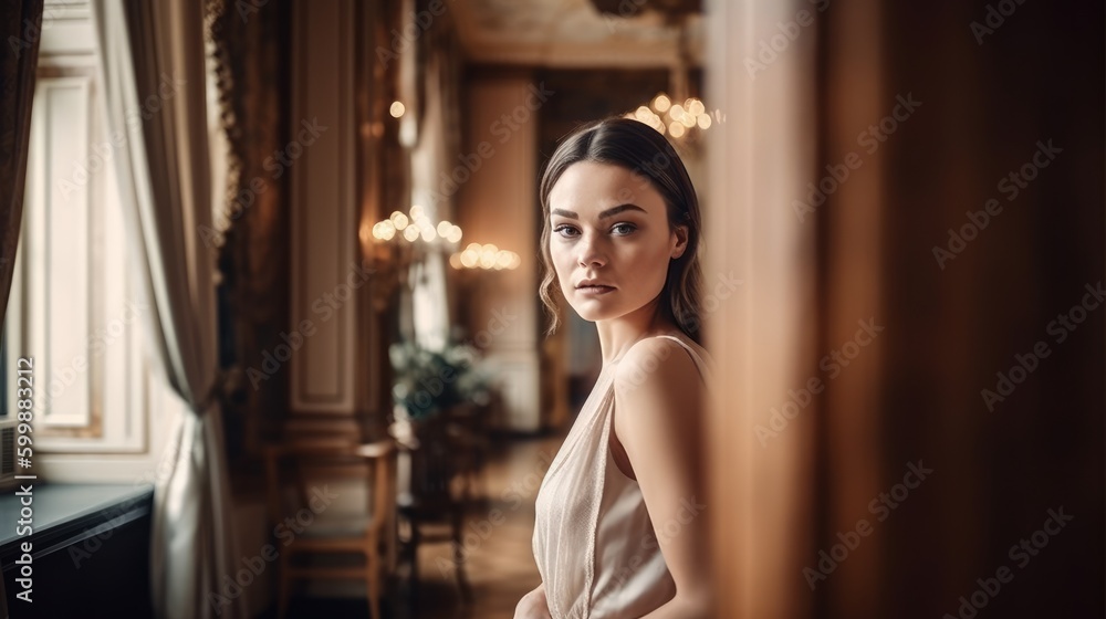 Elegant Woman in Neutral Dress Posing Against Luxurious Interior. Generative AI. Elegant Woman in Neutral Dress Posing Against Luxurious Interior. Generative AI.