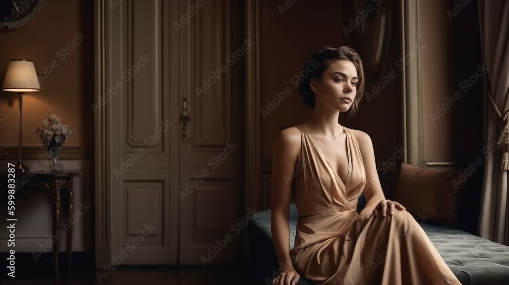 Elegant Woman in Neutral Dress Posing Against Upscale Interior. Generative AI.