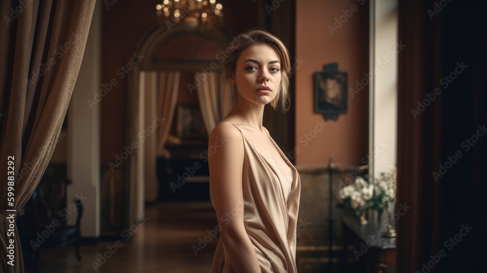 Elegant Woman in Neutral Dress Posing Against Upscale Interior. Generative AI.