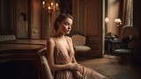 Elegant Woman in Neutral Dress Posing Against Luxurious Interior. Generative AI.