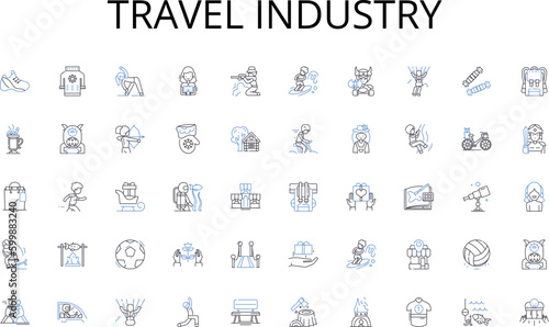 Travel industry line icons collection. Sun, Sand, Waves, Surfing, Seashells, Relaxation, Ocean vector and linear illustration. Swimming,Beachcombing,Sunshine outline signs set