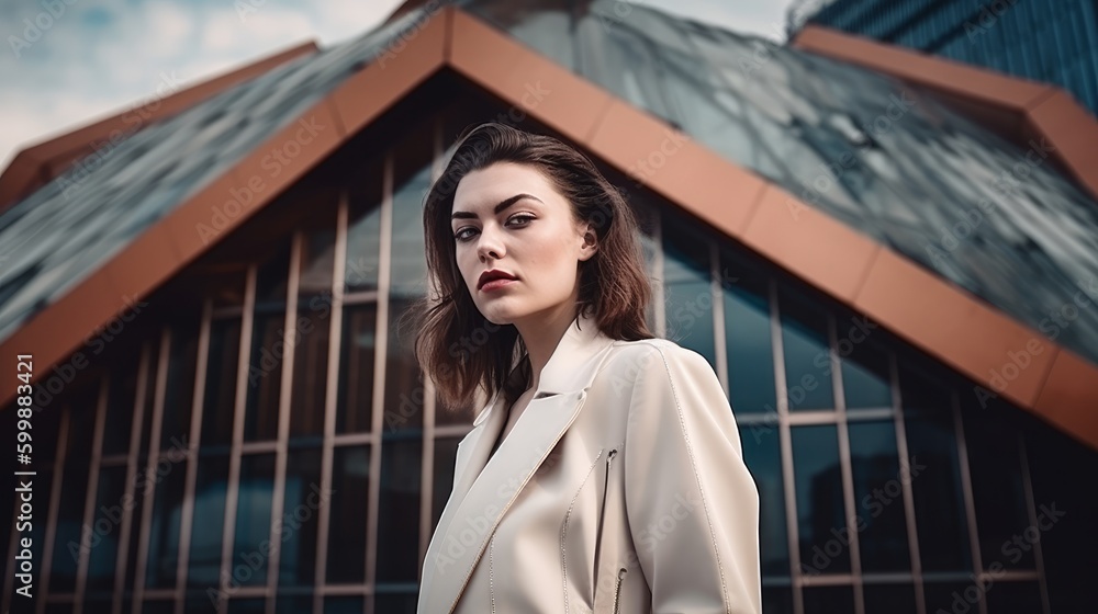 Elegant Woman in Neutral Outfit Posing Against Modern Architecture. Generative AI. Elegant Woman in Neutral Outfit Posing Against Modern Architecture. Generative AI.