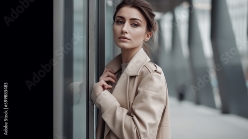 Elegant Woman in Neutral Outfit Posing Against Modern Architecture. Generative AI. © bomoge.pl