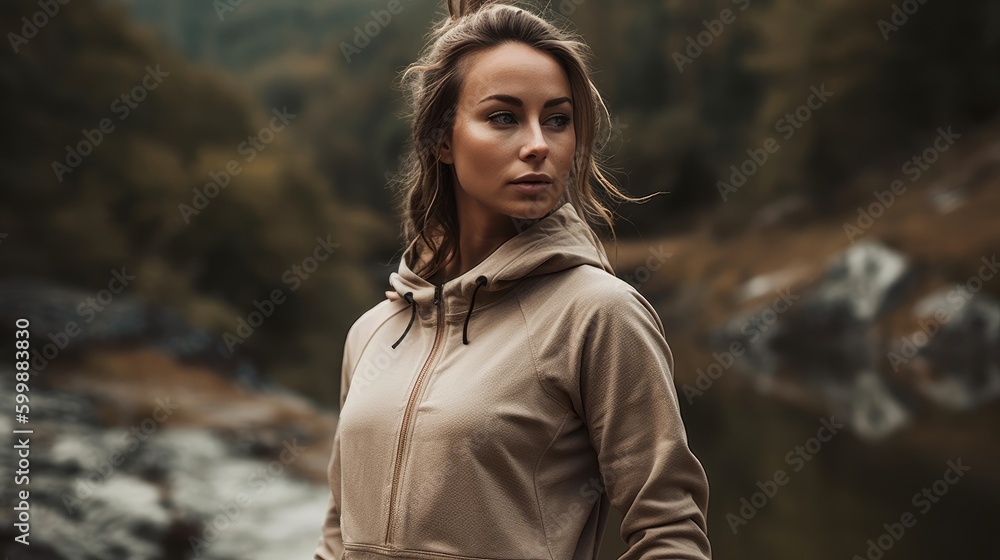 Fit Woman in Neutral Athleisure Posing Against Natural Background. Generative AI. Fit Woman in Neutral Athleisure Posing Against Natural Background. Generative AI.