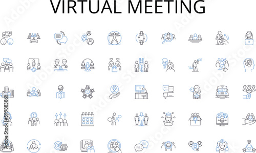 Virtual meeting line icons collection. Nerking, Collaboration, Workshop, Presentation, Seminar, Symposium, Forum vector and linear illustration. Conference,Roundtable,Keynote outline signs set