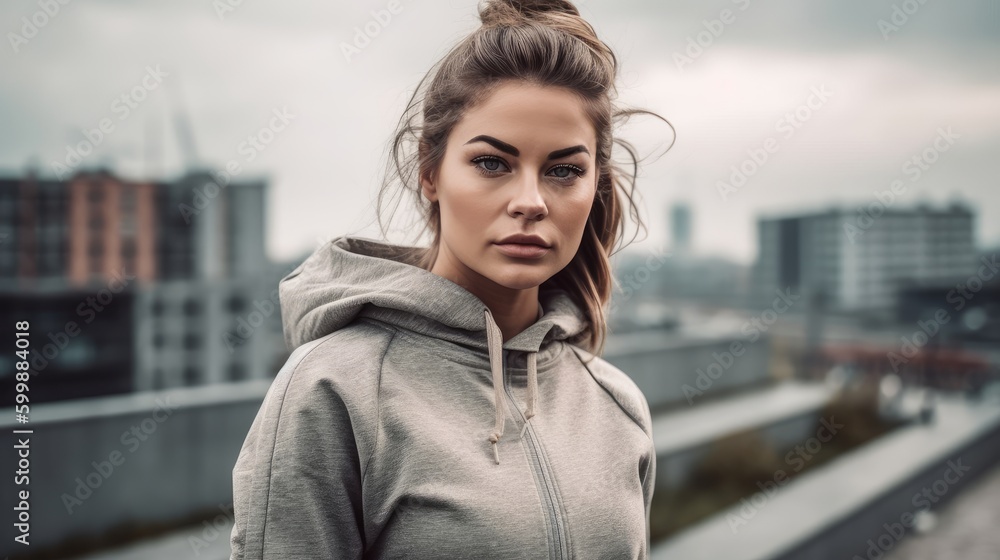 Fit Woman in Neutral Sportswear Posing Against Urban Landscape. Generative AI. Fit Woman in Neutral Sportswear Posing Against Urban Landscape. Generative AI.