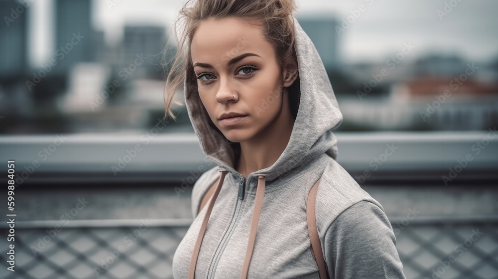 Fototapeta premium Fit Woman in Neutral Sportswear Posing Against Urban Landscape. Generative AI.