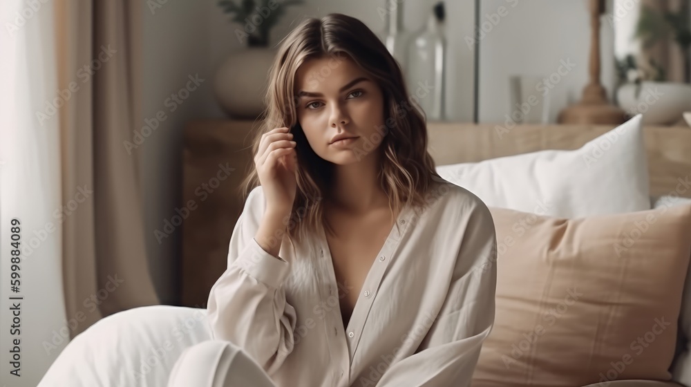 Relaxed Woman in Neutral Loungewear Posing Against Cozy Interior. Generative AI. Relaxed Woman in Neutral Loungewear Posing Against Cozy Interior. Generative AI.