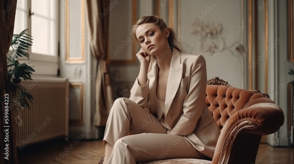 Obraz premium Stylish Woman in Neutral Outfit Posing Against Luxurious Interior. Generative AI.