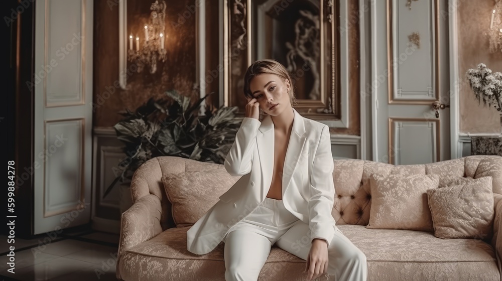 Stylish Woman in Neutral Outfit Posing Against Luxurious Interior. Generative AI. Stylish Woman in Neutral Outfit Posing Against Luxurious Interior. Generative AI.
