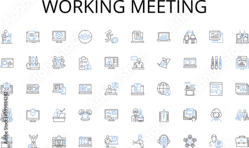 Working meeting line icons collection. Analytics, Automation, Blogging, Branding, Click-through rate, Conversion, Content vector and linear illustration. CTR,Demographics,Engagement outline signs set