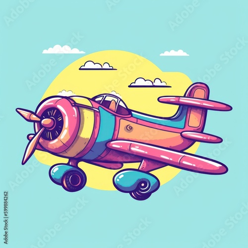 Naïve Drawing Inspired Cartoon Airplane: Blue, Yellow, and Orange with Double Tone Effect Generative AI photo