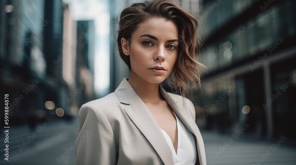Woman in Neutral Business Attire Posing Against High-Tech Cityscape. Generative AI. Woman in Neutral Business Attire Posing Against High-Tech Cityscape. Generative AI.