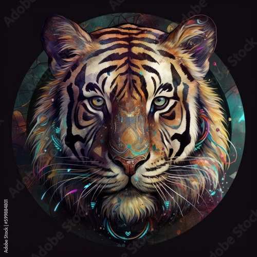 Psychedelic tiger Tondo: Intricate Patterns Generative AI photo