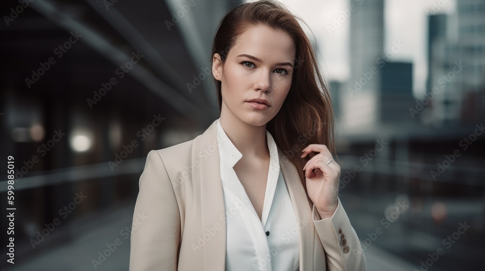 Woman in Neutral Business Attire Posing Against Modern Cityscape. Generative AI. Woman in Neutral Business Attire Posing Against Modern Cityscape. Generative AI.