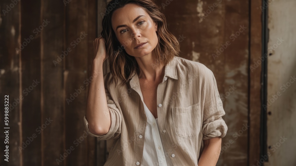Fototapeta premium Woman in Neutral Casualwear Posing Against Rustic Backdrop. Generative AI.