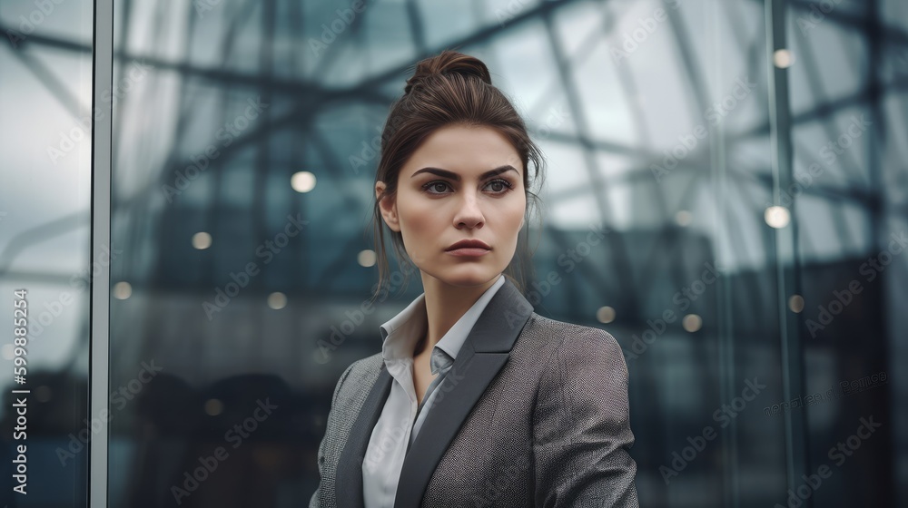 Woman in Neutral Business Attire Posing Against Modern Glass Building. Generative AI. Woman in Neutral Business Attire Posing Against Modern Glass Building. Generative AI.