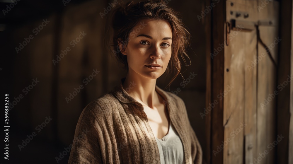 Woman in Neutral Casualwear Posing Against Rustic Backdrop. Generative AI. Woman in Neutral Casualwear Posing Against Rustic Backdrop. Generative AI.