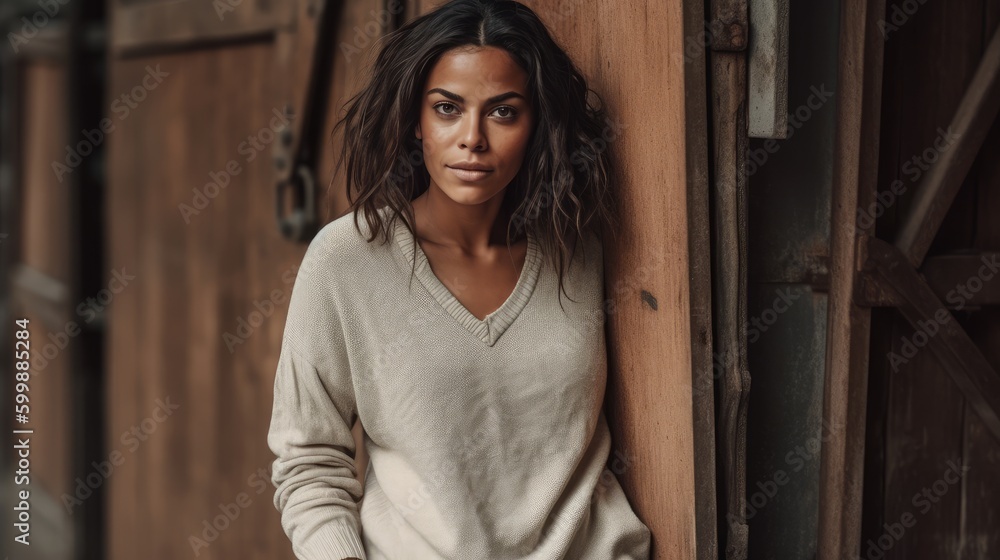 Woman in Neutral Casualwear Posing Against Rustic Backdrop. Generative AI. Woman in Neutral Casualwear Posing Against Rustic Backdrop. Generative AI.