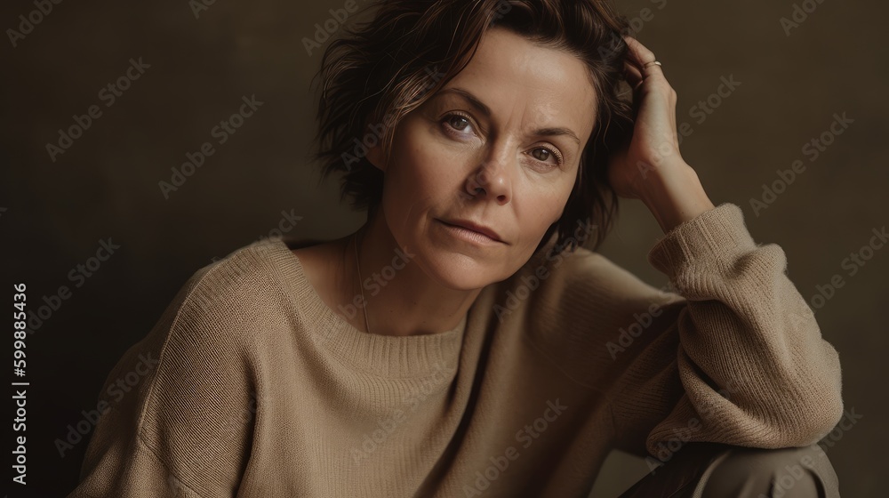 Fototapeta premium Woman in Neutral Casualwear Posing Against Simple Backdrop. Generative AI.