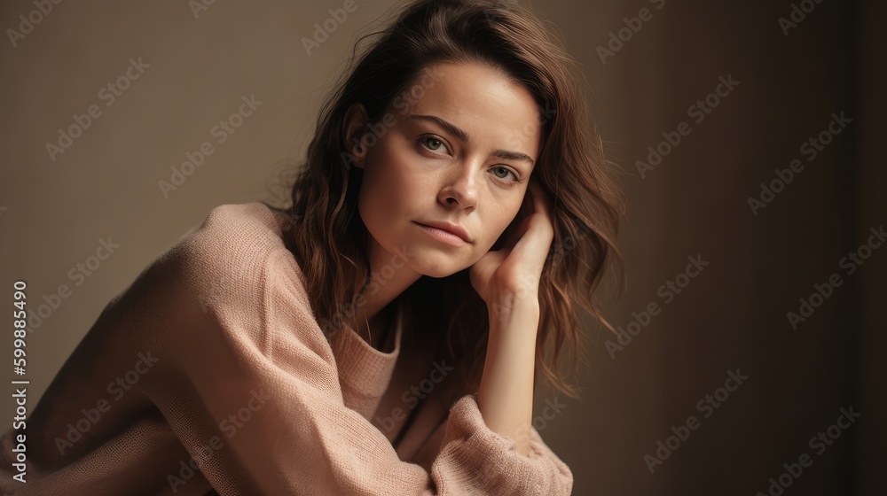Woman in Neutral Casualwear Posing Against Simple Backdrop. Generative AI. Woman in Neutral Casualwear Posing Against Simple Backdrop. Generative AI.