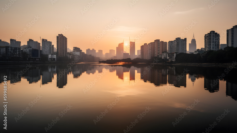 A peaceful view of a river in the city during sunrise, with a stunning reflection of the city skyline on the water. Generative AI