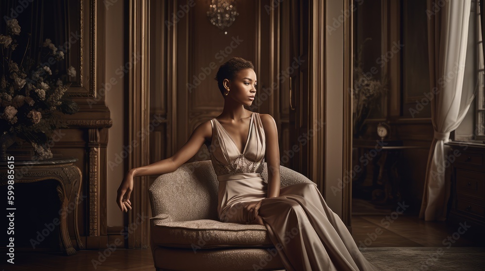 Obraz premium Woman in Neutral Formalwear Posing Against Luxurious Backdrop. Generative AI.