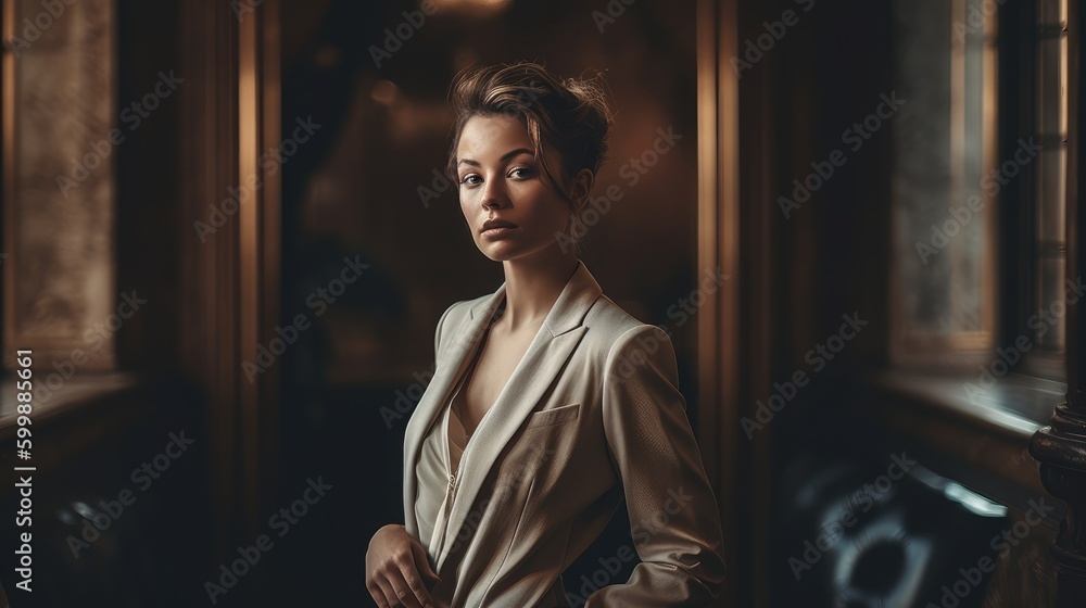 Woman in Neutral Formalwear Posing Against Luxurious Backdrop. Generative AI. Woman in Neutral Formalwear Posing Against Luxurious Backdrop. Generative AI.