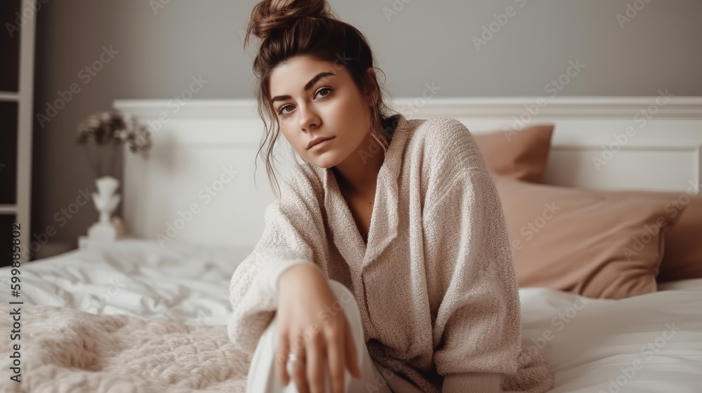 Woman in Neutral Loungewear Posing Against Cozy Interior. Generative AI. Woman in Neutral Loungewear Posing Against Cozy Interior. Generative AI.