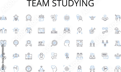 Team studying line icons collection. Education, Degree, Campus, Learning, University, Academics, Student vector and linear illustration. Scholarship,Dorm,Graduation outline signs set