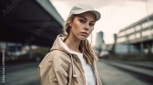 Woman in Neutral Streetwear Posing Against Urban Landscape. Generative AI.