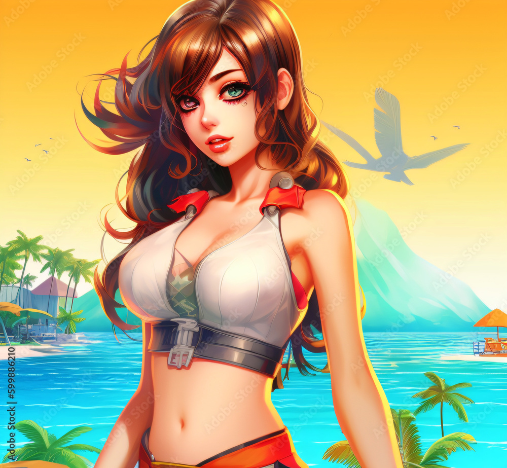 sexy girl in bikini with big breasts and blowing hair in flat comic cartoon style on a beach, fictional person made with generative ai
