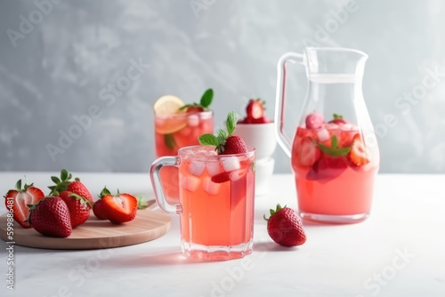 Refreshing homemade strawberry drink with ice in a jug and glass mugs in a bright kitchen. AI generated.