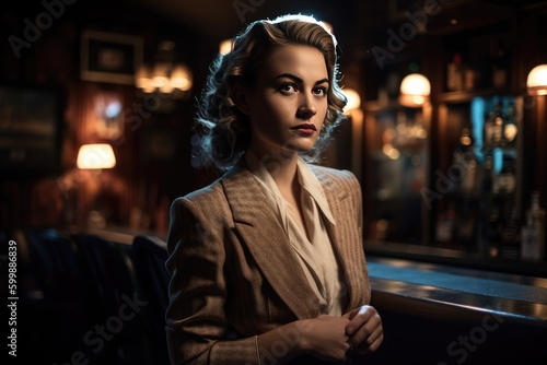 Beautiful young woman in vintage suit in vintage bar, AI generated