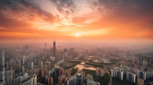 A magnificent view of the city during sunrise, with a mixture of tall buildings, modern architecture and green parks. The colorful sky provides a stunning backdrop to the cityscape below Generative AI